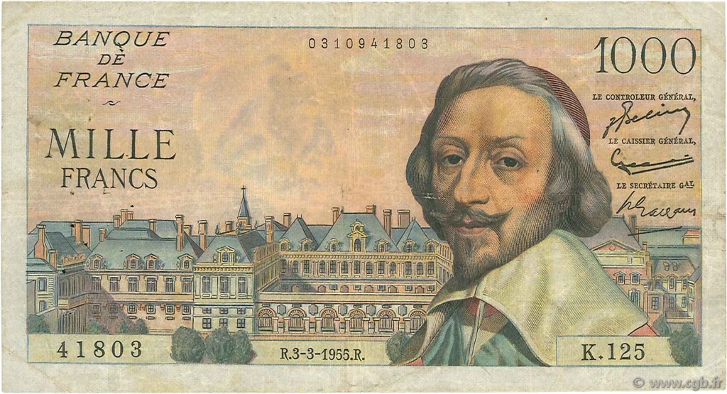 1000 Francs RICHELIEU FRANCIA  1955 F.42.11 q.BB