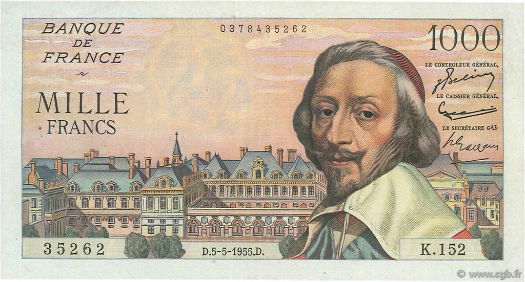 1000 Francs RICHELIEU FRANCE  1955 F.42.13 VF+