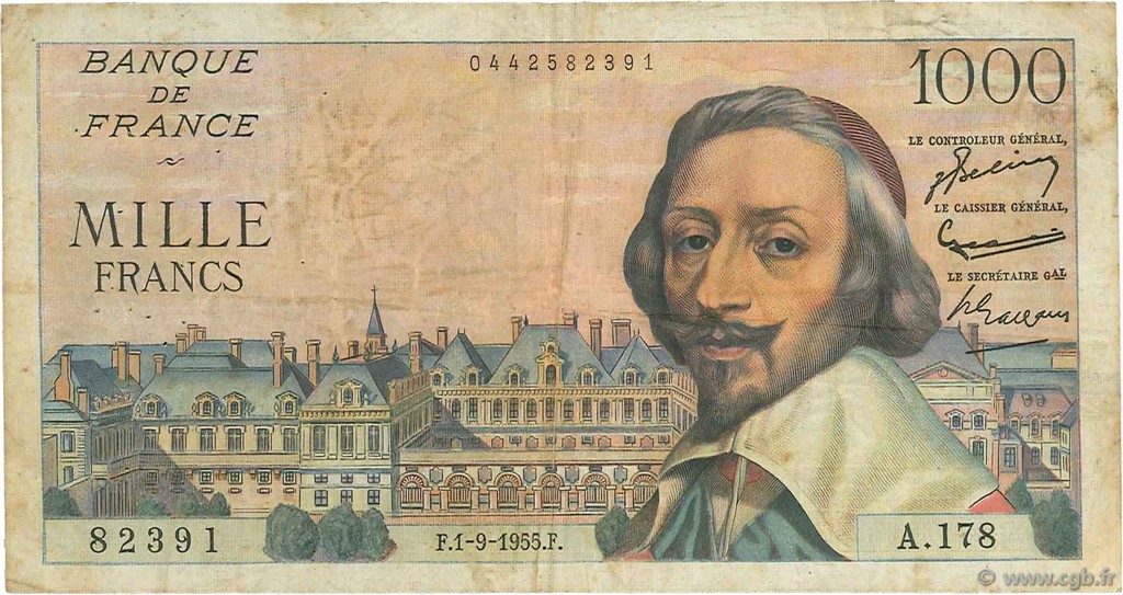 1000 Francs RICHELIEU FRANCIA  1955 F.42.15 q.BB