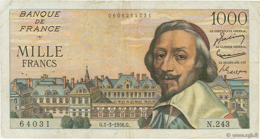 1000 Francs RICHELIEU FRANCE  1956 F.42.19 pr.TB