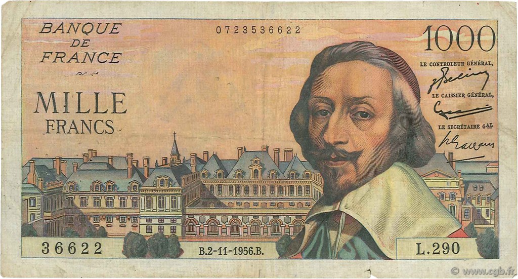 1000 Francs RICHELIEU FRANCE  1956 F.42.23 VG
