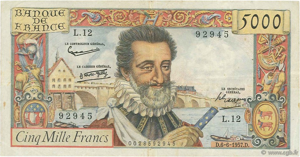 5000 Francs HENRI IV FRANCE  1957 F.49.02 VF-