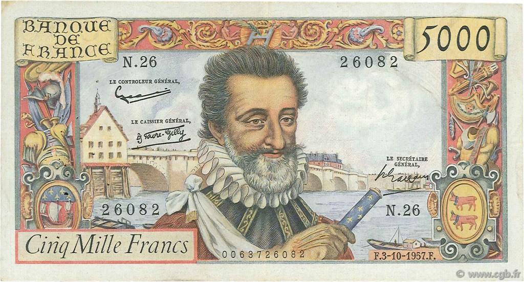 5000 Francs HENRI IV FRANCE  1957 F.49.03 F+