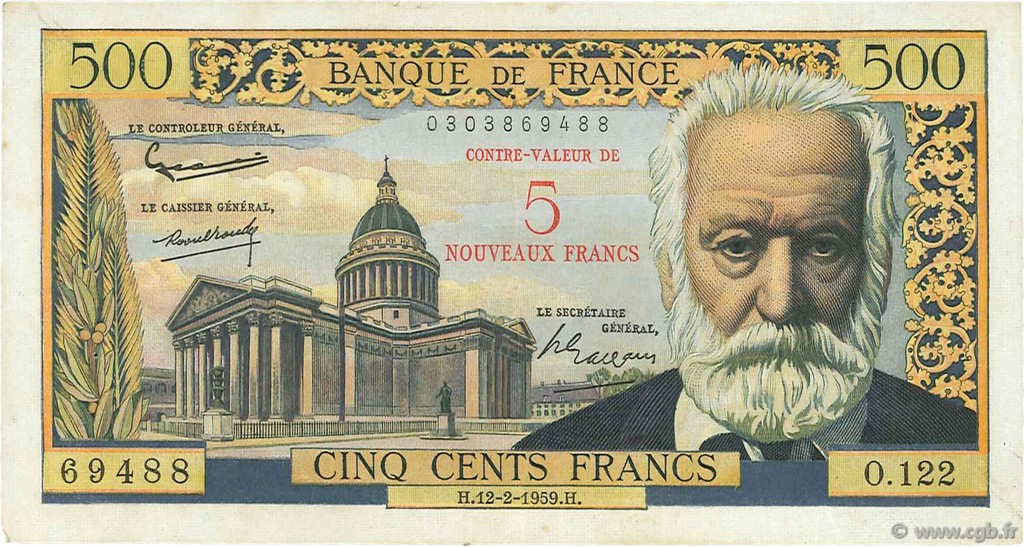5 NF sur 500 Francs Victor HUGO FRANCIA  1959 F.52.02 MBC
