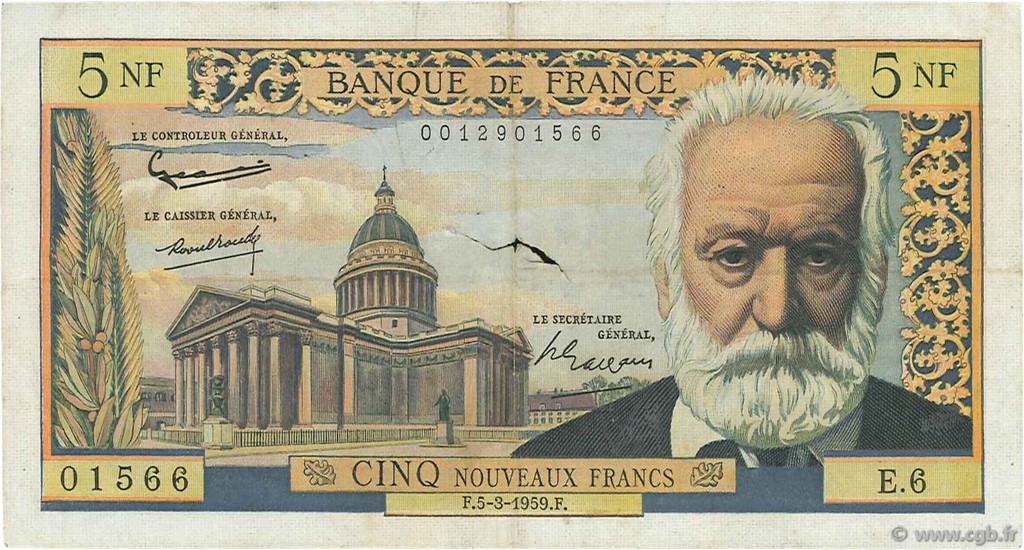 5 Nouveaux Francs VICTOR HUGO FRANCIA  1959 F.56.01 BC