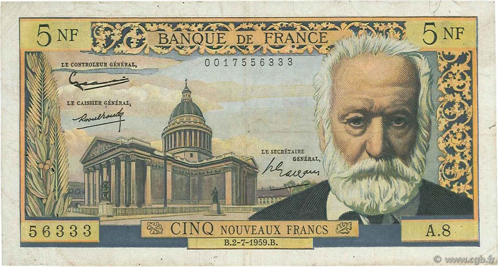 5 Nouveaux Francs VICTOR HUGO FRANCIA  1959 F.56.02 BC