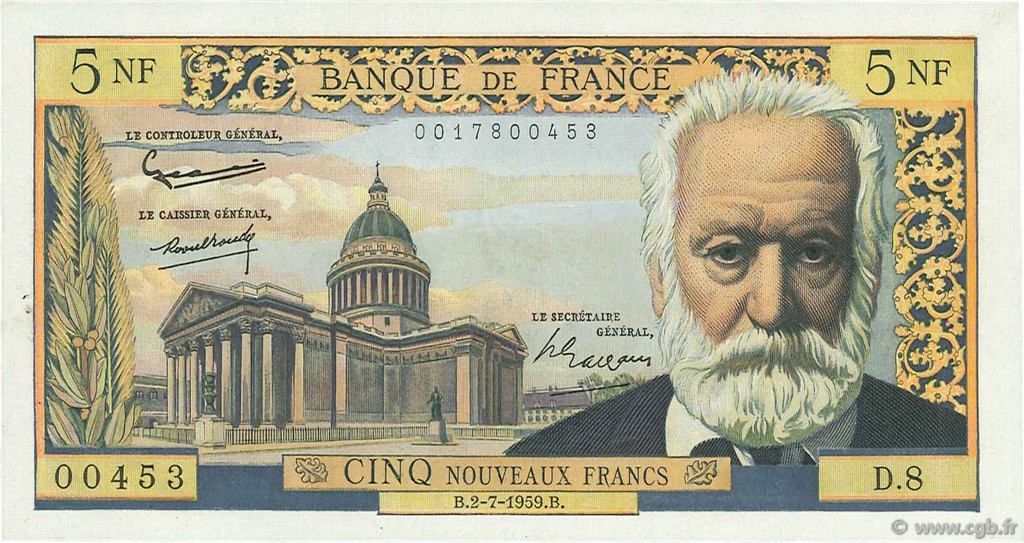 5 Nouveaux Francs VICTOR HUGO FRANCE  1959 F.56.02 XF