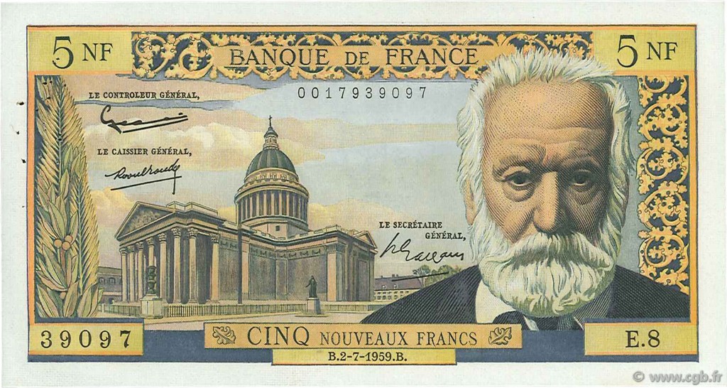 5 Nouveaux Francs VICTOR HUGO FRANKREICH  1959 F.56.02 fVZ