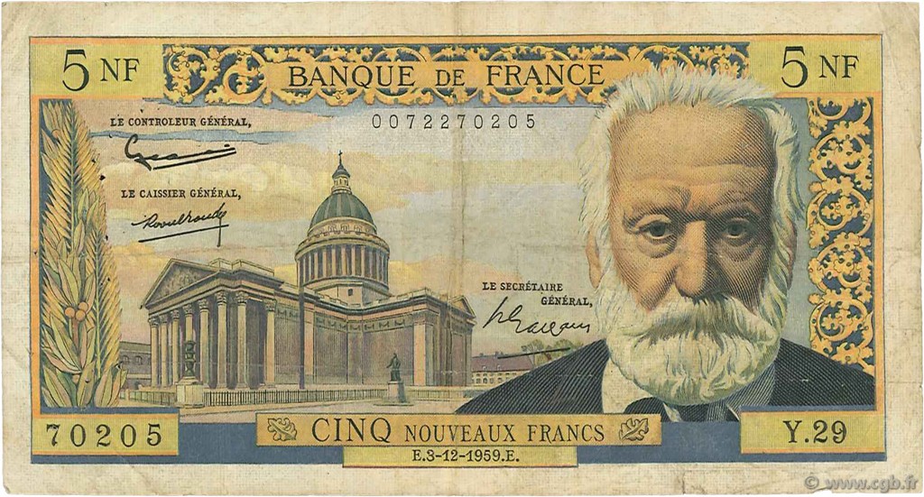 5 Nouveaux Francs VICTOR HUGO FRANCE  1959 F.56.04 VG