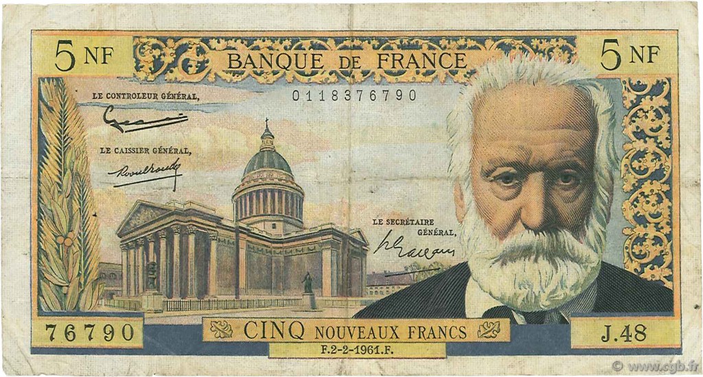 5 Nouveaux Francs VICTOR HUGO FRANCIA  1961 F.56.06 BC