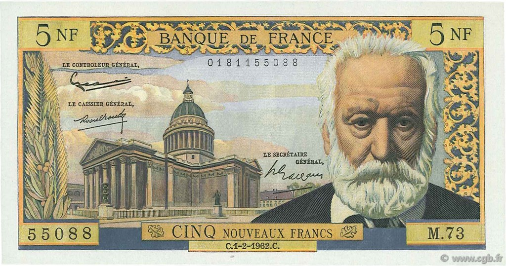 5 Nouveaux Francs VICTOR HUGO FRANCIA  1962 F.56.10 EBC