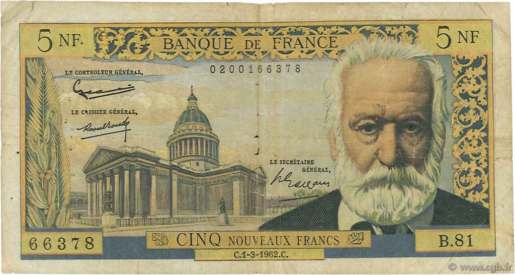 5 Nouveaux Francs VICTOR HUGO FRANCE  1962 F.56.11 G
