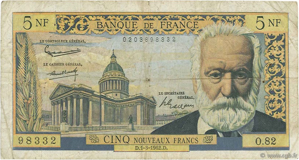 5 Nouveaux Francs VICTOR HUGO FRANKREICH  1962 F.56.11 SGE