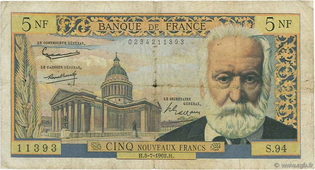 5 Nouveaux Francs VICTOR HUGO FRANCE  1962 F.56.12 G