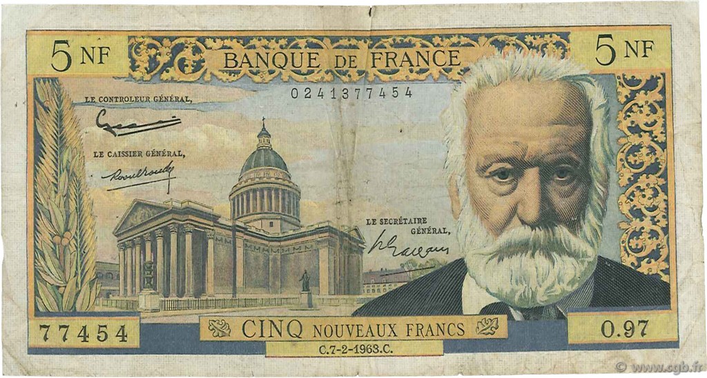 5 Nouveaux Francs VICTOR HUGO FRANCIA  1963 F.56.13 q.MB