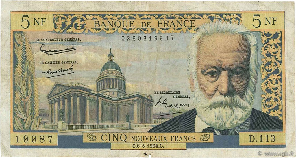 5 Nouveaux Francs VICTOR HUGO FRANCE  1964 F.56.15 B