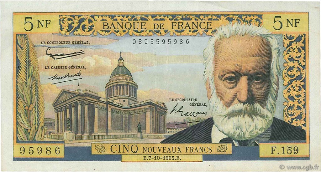 5 Nouveaux Francs VICTOR HUGO FRANKREICH  1965 F.56.20 fVZ