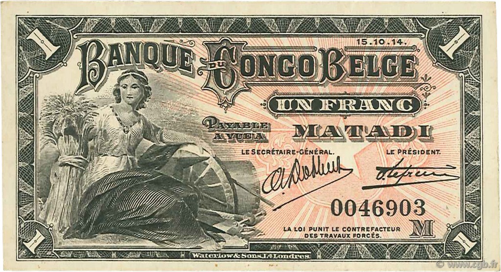1 Franc BELGIAN CONGO  1914 P.03B VF+