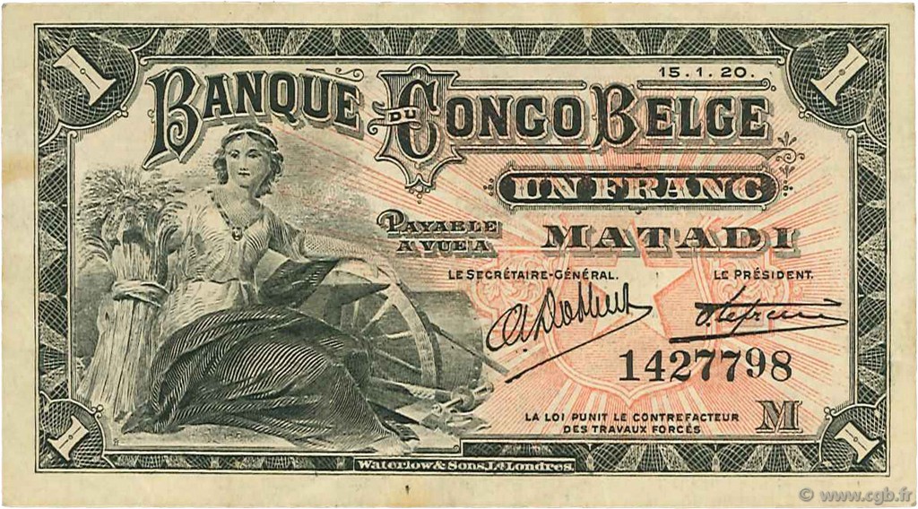 1 Franc BELGIAN CONGO  1920 P.03B VF+