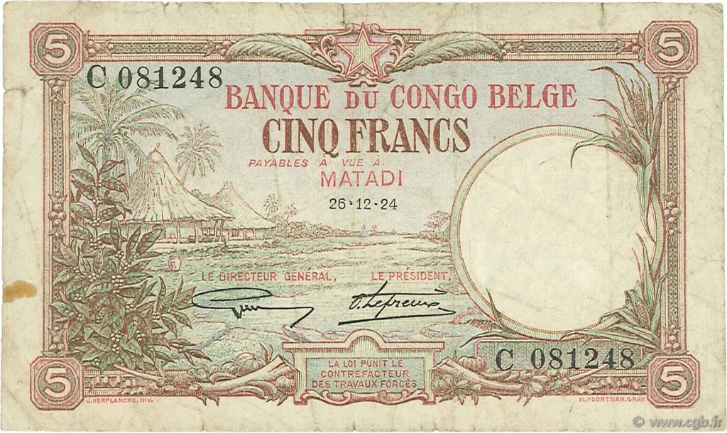 5 Francs BELGIAN CONGO  1924 P.08c VG