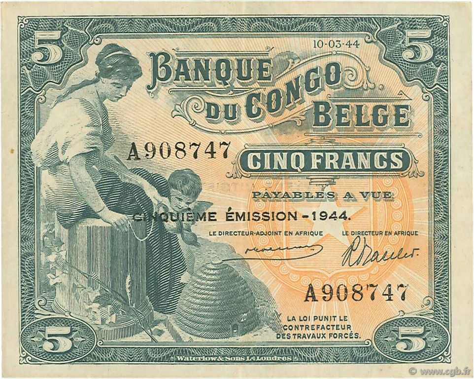 5 Francs CONGO BELGA  1944 P.13Ac SPL