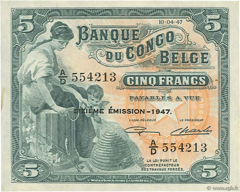 5 Francs BELGIAN CONGO  1947 P.13Ad XF+
