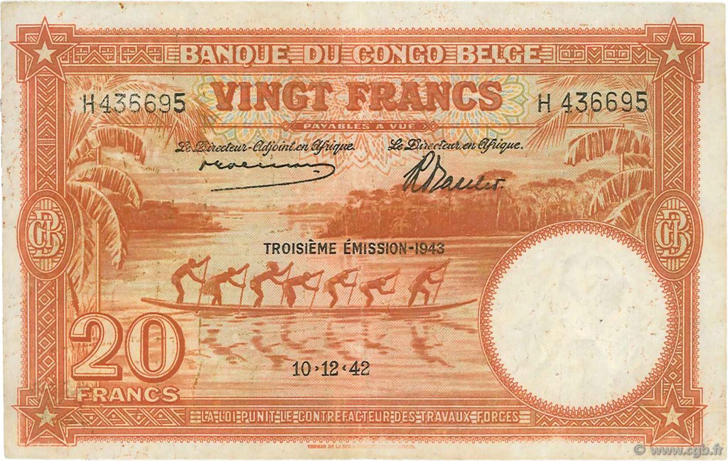 20 Francs CONGO BELGA  1942 P.15B MB