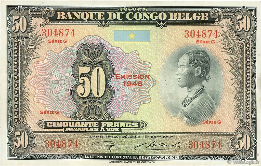 50 Francs BELGIAN CONGO  1948 P.16f VF+
