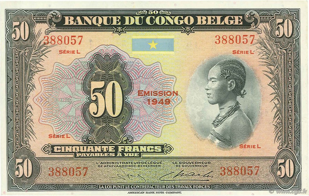 50 Francs BELGIAN CONGO  1949 P.16g AU