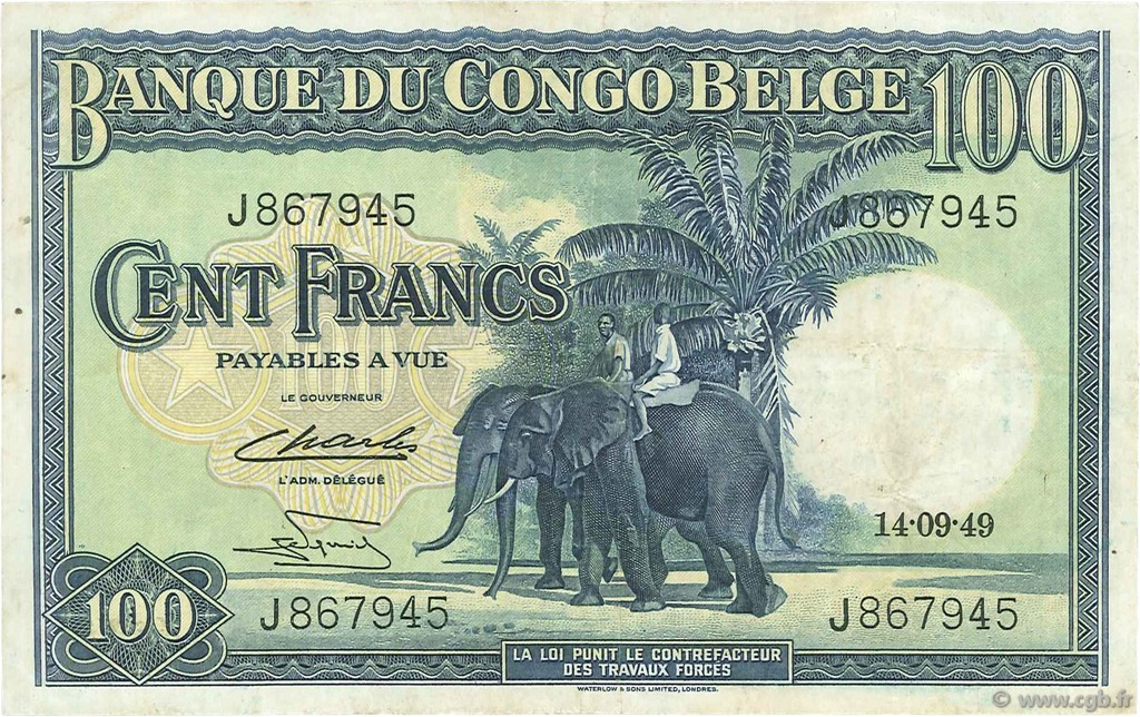100 Francs CONGO BELGA  1949 P.17d BB