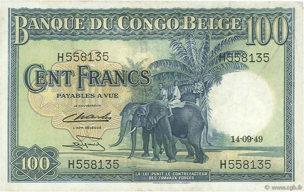 100 Francs BELGIAN CONGO  1949 P.17d VF+