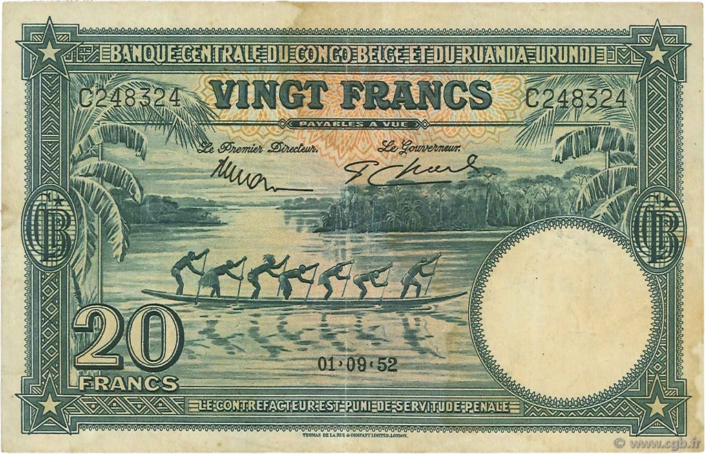 20 Francs BELGIAN CONGO  1952 P.23 VF