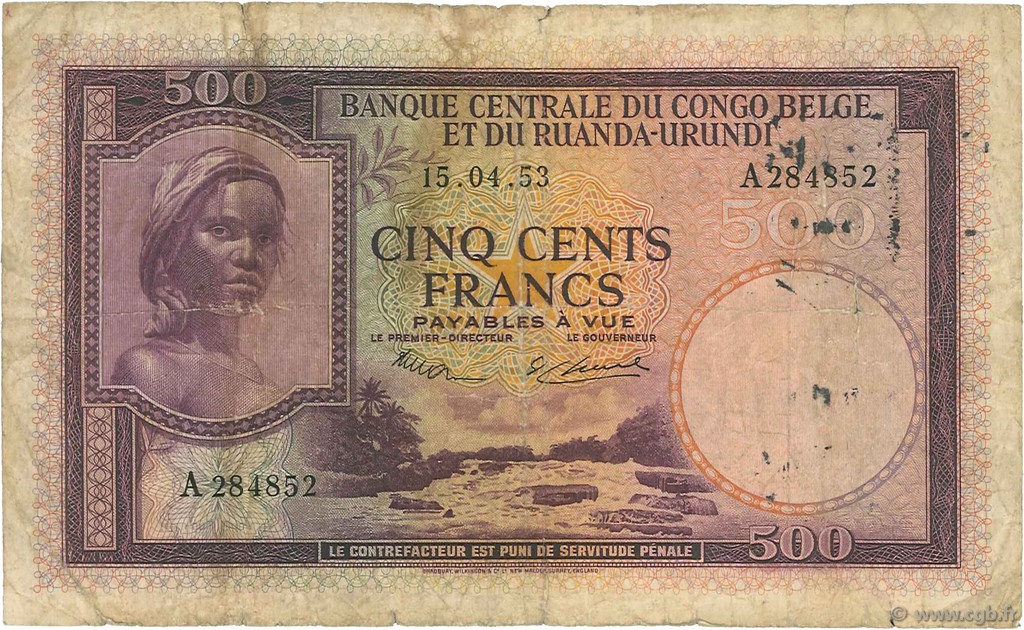 500 Francs CONGO BELGA  1953 P.28a q.MB