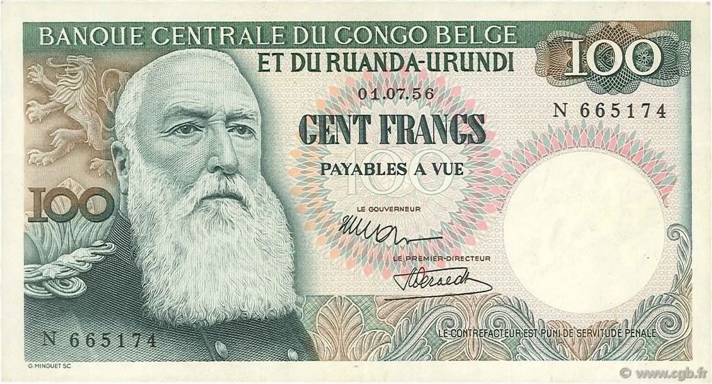 100 Francs BELGISCH-KONGO  1956 P.33a fVZ