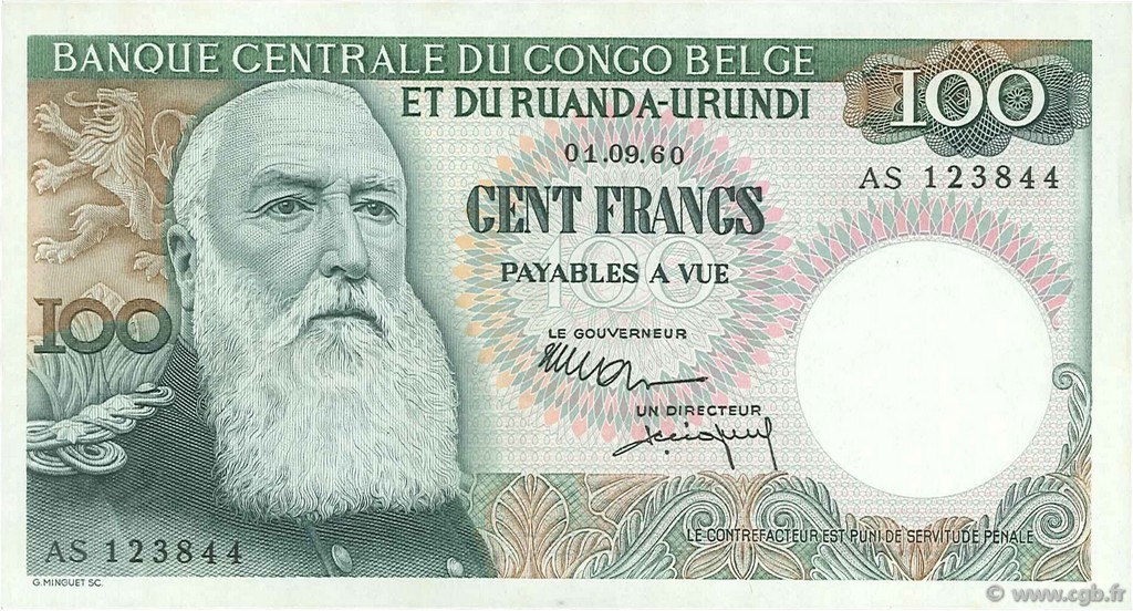 100 Francs CONGO BELGA  1960 P.33c AU