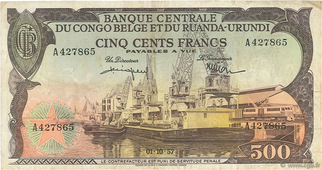 500 Francs CONGO BELGE  1957 P.34 TTB