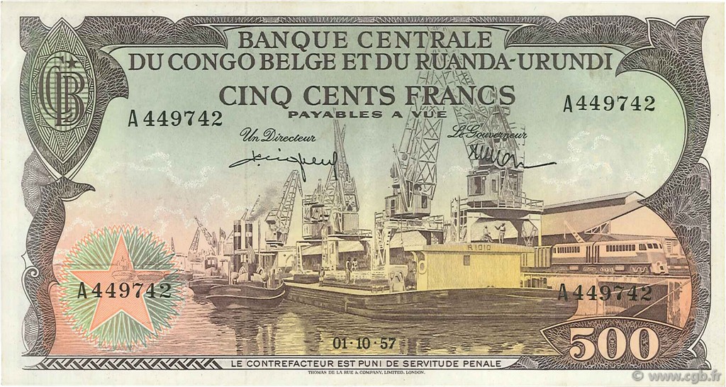 500 Francs BELGA CONGO  1957 P.34 MBC a EBC