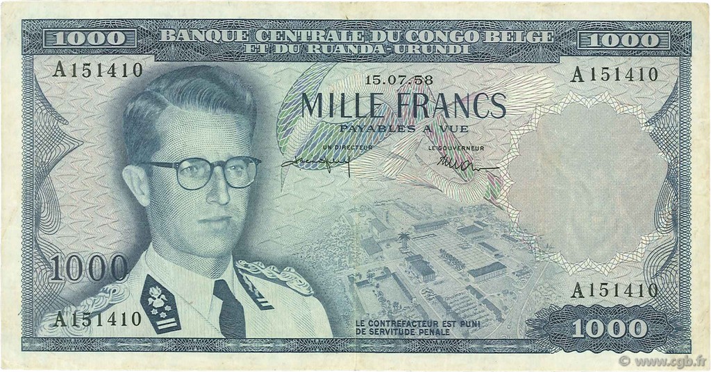 1000 Francs CONGO BELGA  1958 P.35 BB