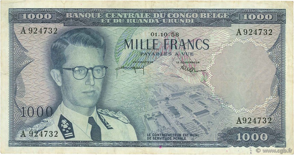 1000 Francs CONGO BELGA  1958 P.35 BB