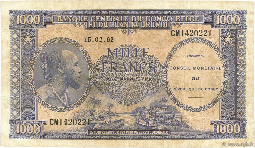 1000 Francs REPúBLICA DEMOCRáTICA DEL CONGO  1962 P.002a BC