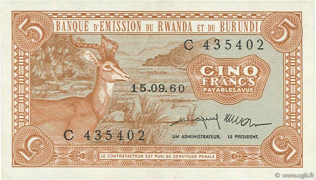 5 Francs RWANDA BURUNDI  1960 P.01 EBC a SC