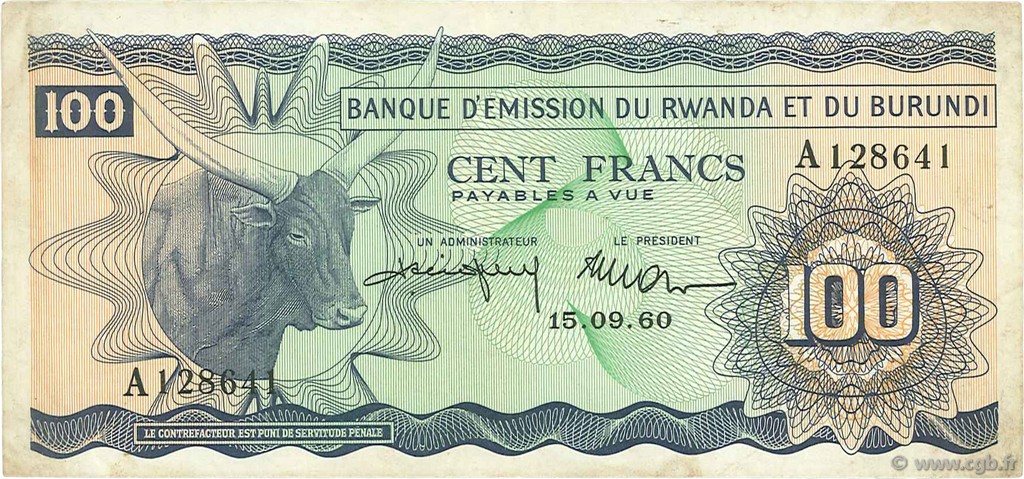 100 Francs RWANDA BURUNDI  1960 P.05a VF