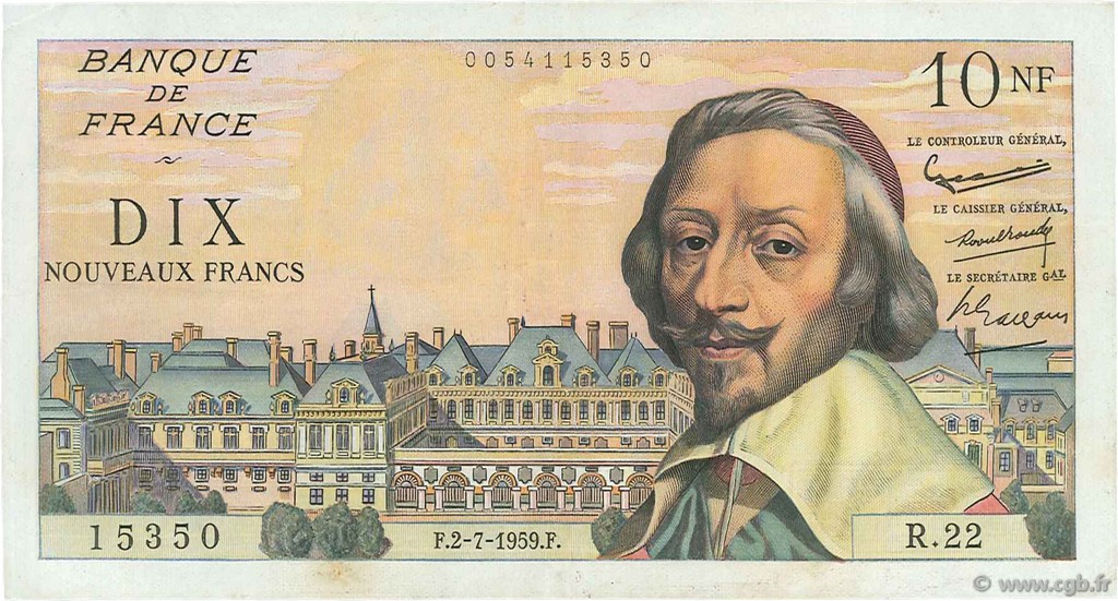 10 Nouveaux Francs RICHELIEU FRANCE  1959 F.57.02 VF+