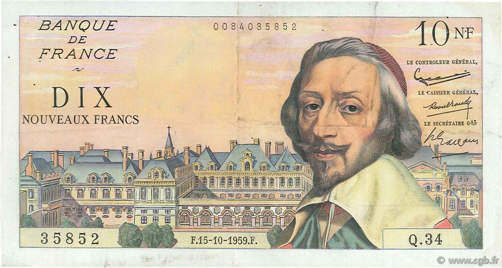 10 Nouveaux Francs RICHELIEU FRANCE  1959 F.57.03 VF