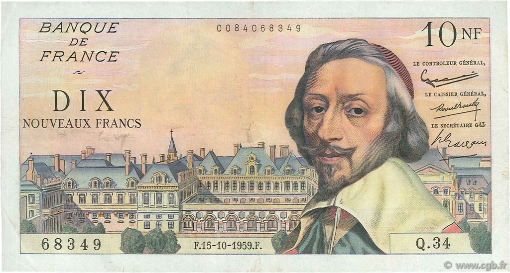 10 Nouveaux Francs RICHELIEU FRANCE  1959 F.57.03 VF+
