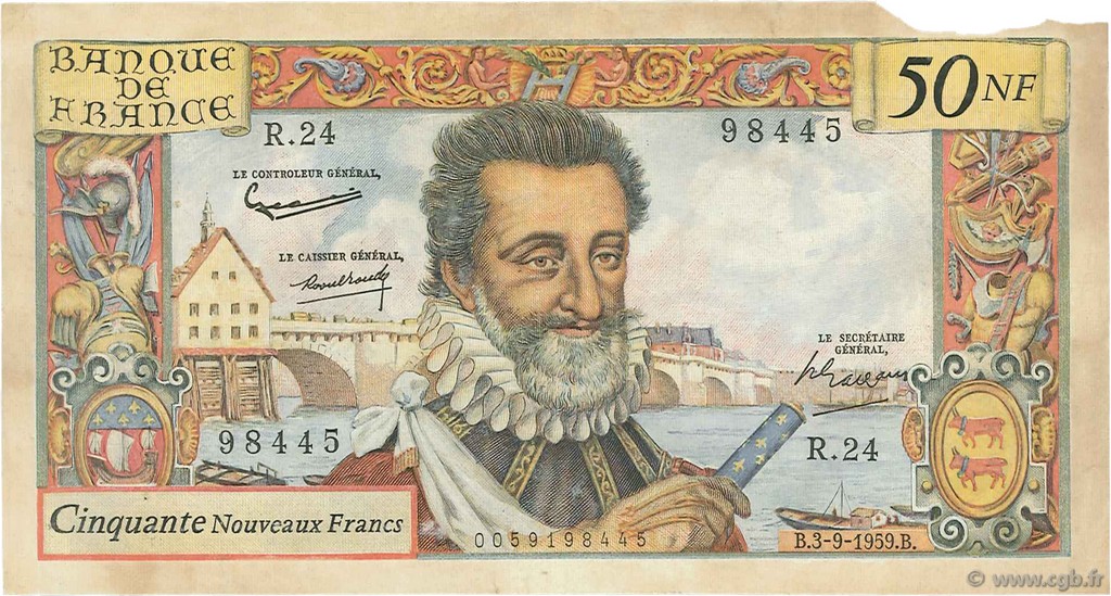 50 Nouveaux Francs HENRI IV FRANCIA  1959 F.58.03 MB