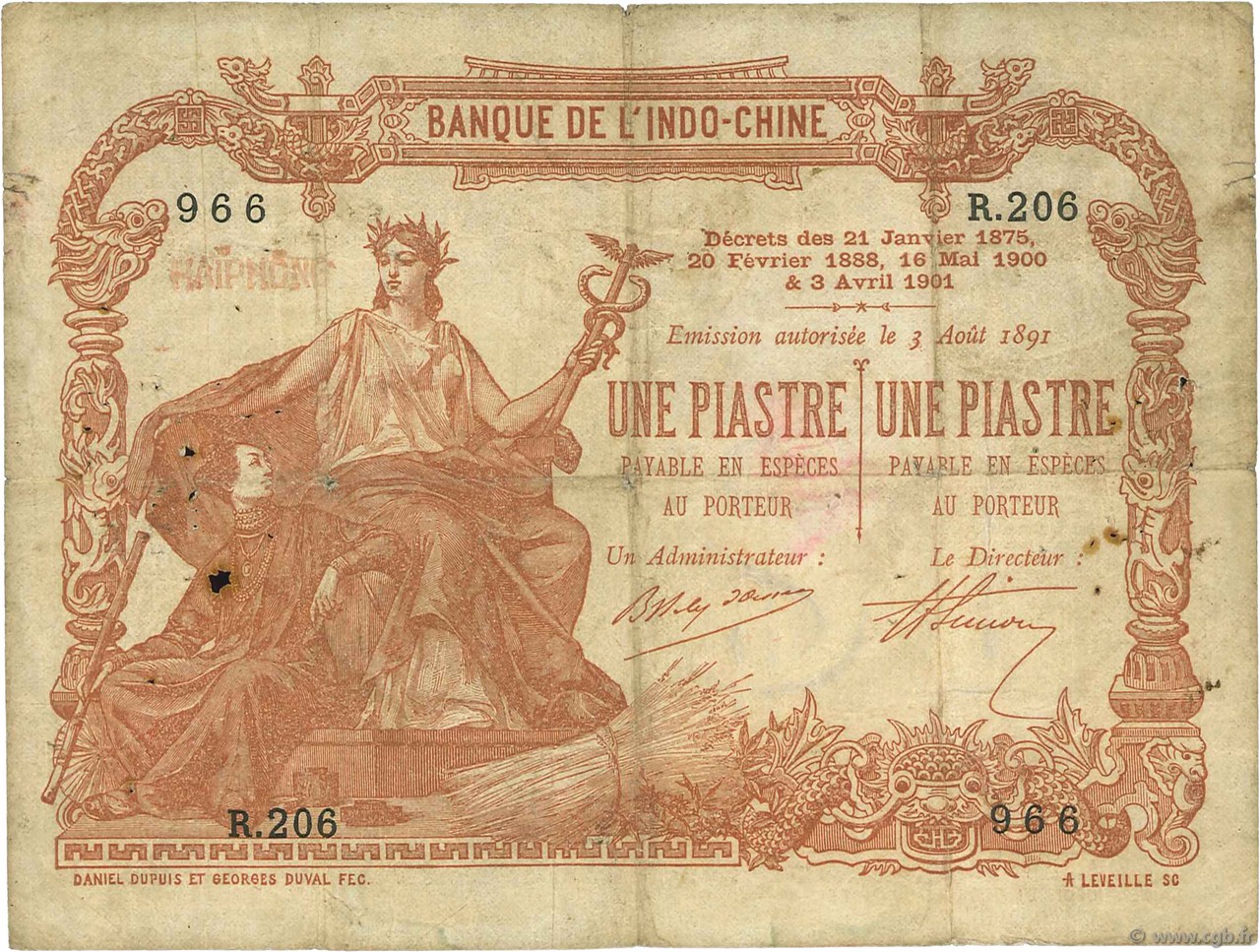 1 Piastre - 1 Piastre FRENCH INDOCHINA Haïphong 1903 P.013a F-