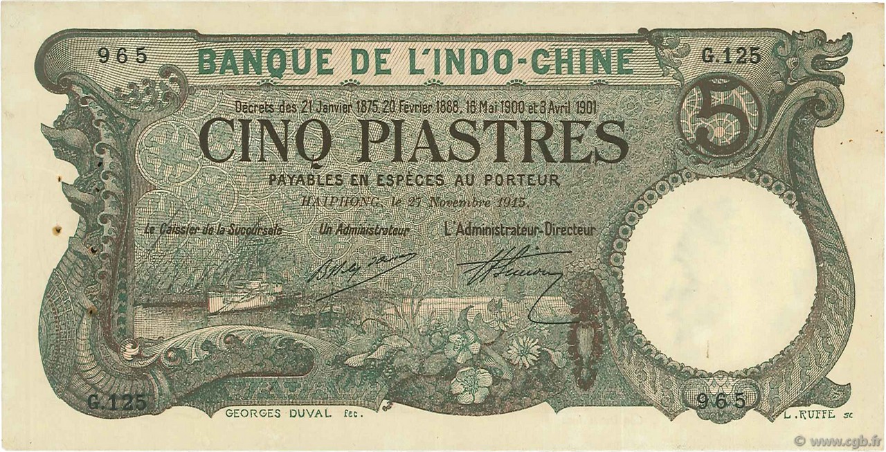 5 Piastres INDOCINA FRANCESE Haïphong 1915 P.016b q.SPL