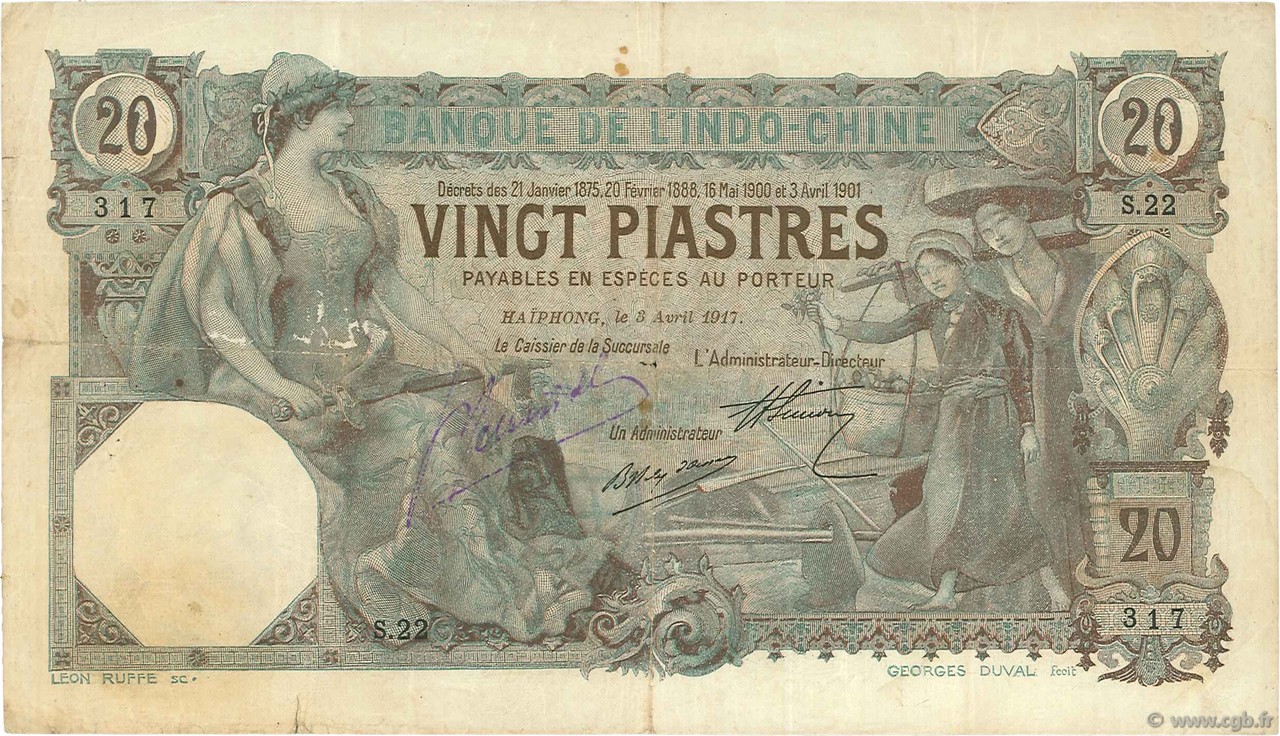 20 Piastres INDOCINA FRANCESE Haïphong 1917 P.017b MB