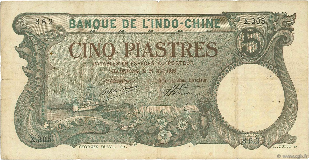 5 Piastres INDOCINA FRANCESE Haïphong 1920 P.019 MB a BB